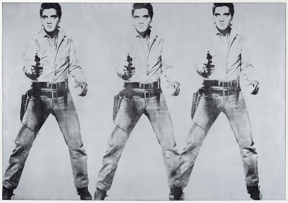 Andy Warhol, Triple Elvis [Ferus Type], 1963. Acrylic, spray paint, and silkscreen ink on linen, 82 1⁄4 × 118 1⁄2 in. The Doris and Donald Fisher Collection at the San Francisco Museum of Modern Art. © The Andy Warhol Foundation for the Visual Arts, Inc. / Artists Rights Society (ARS) New York.